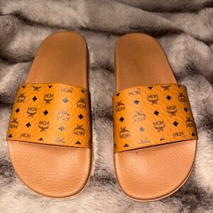 MCM Tan Logo Slide Sandals
